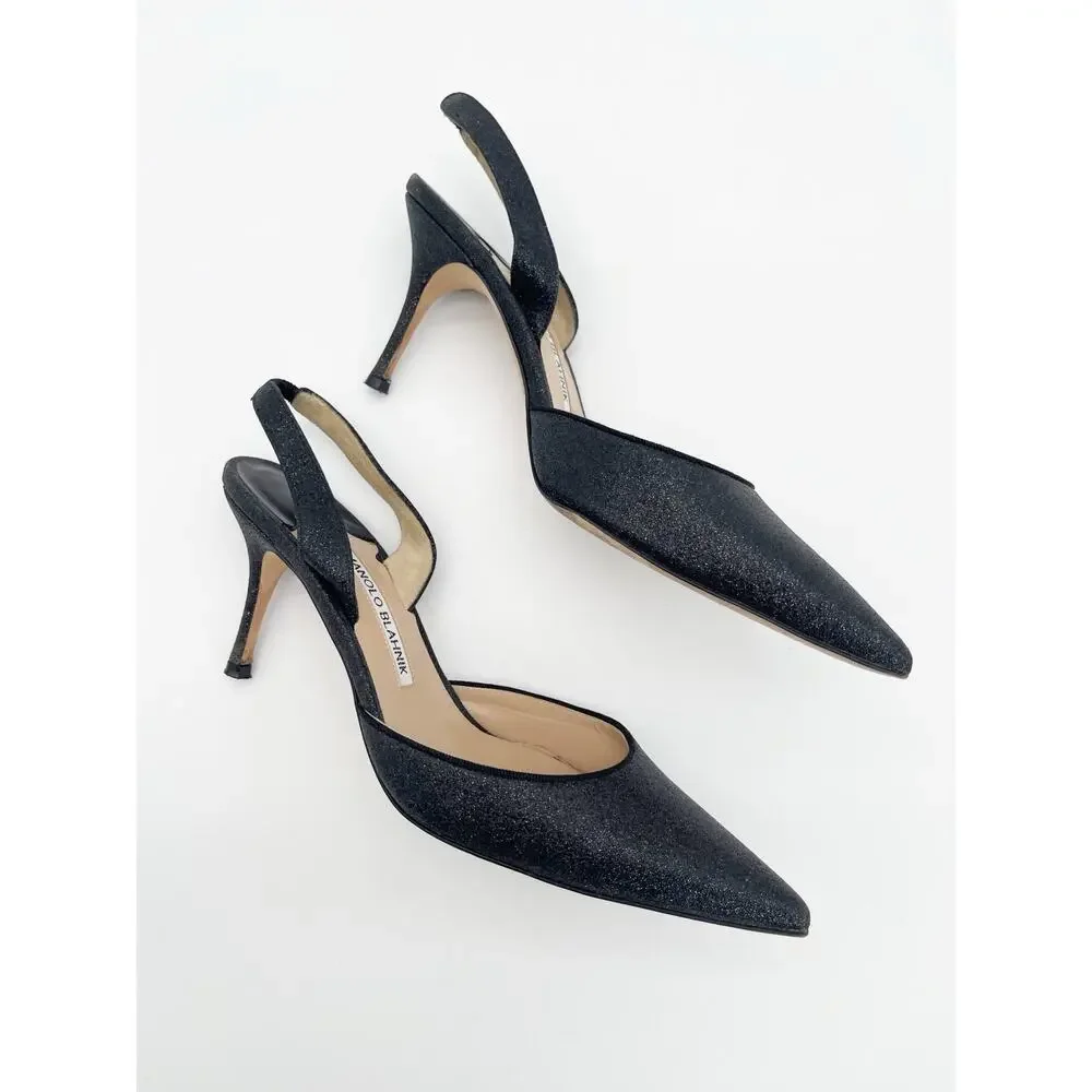 Manolo Blahnik Carolyne Black Glitter Pointed Toe Slingback Stiletto Heels IT 38